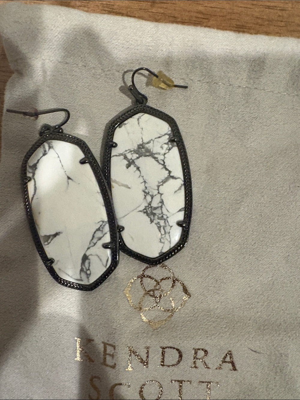 Kendra Scott White Howlite Marbled Drop Earrings with Gunmetal Frame